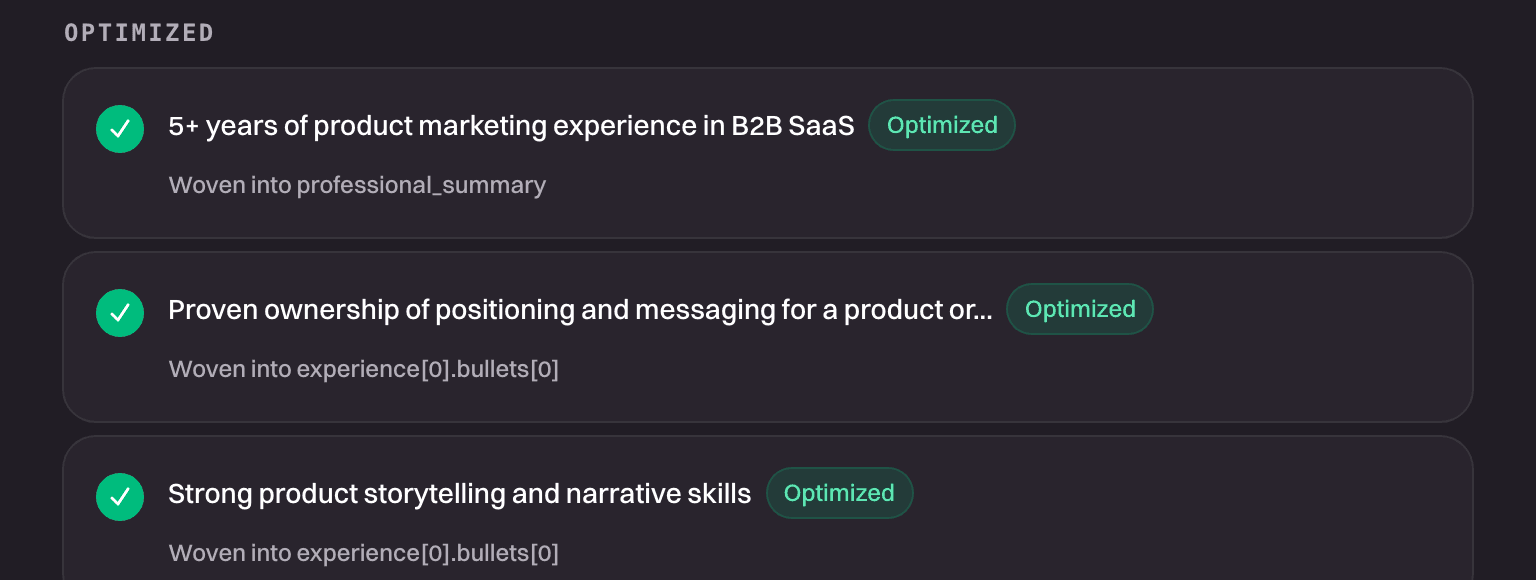 The Role-Ready CV optimization summary showing each change woven into the CV.