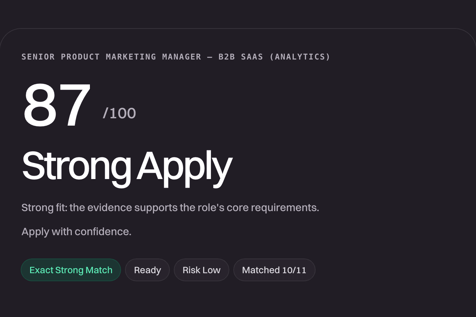 The AI Capability Match report score and summary for a role and CV.