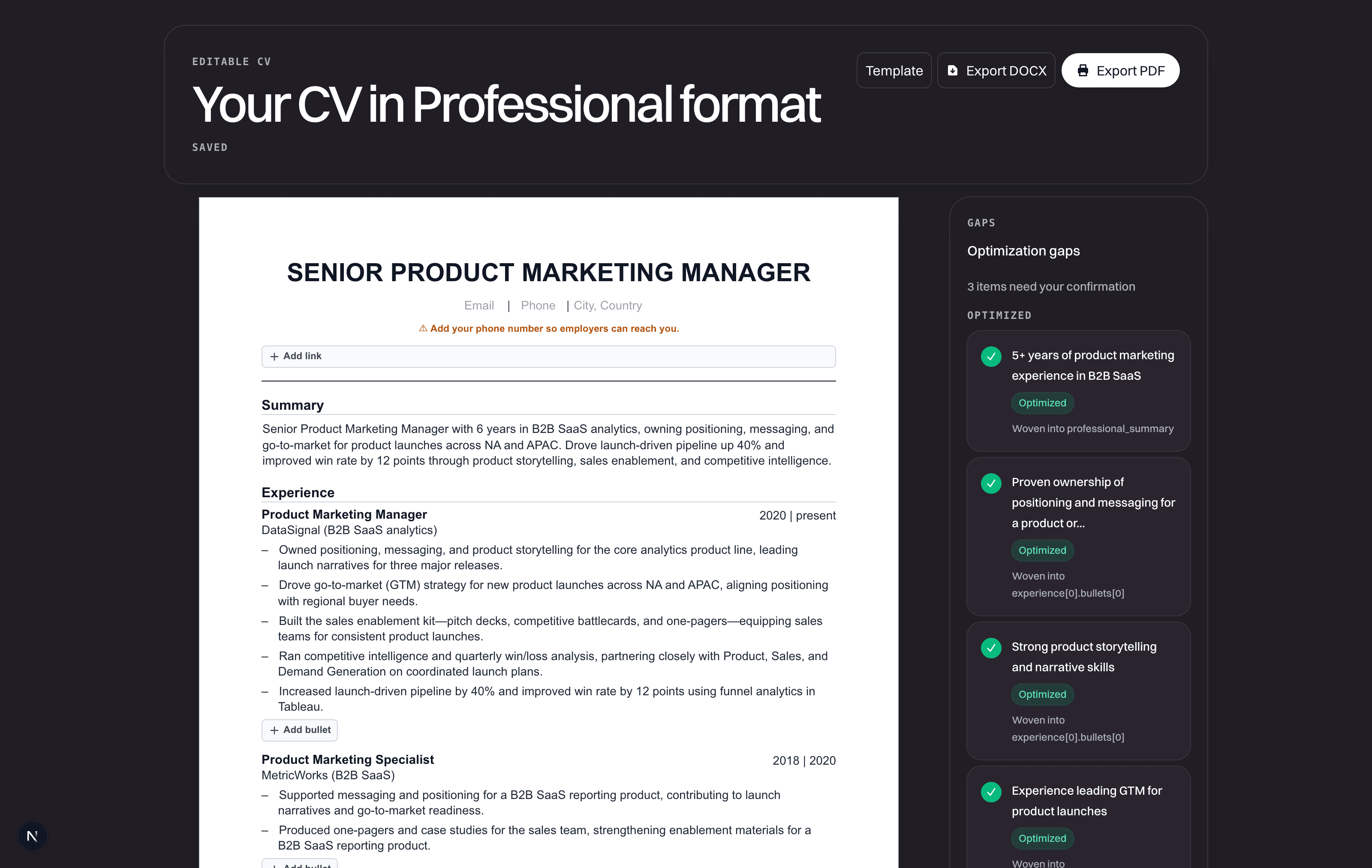 The Role-Ready CV editor with grounded rewrites and items flagged for confirmation.