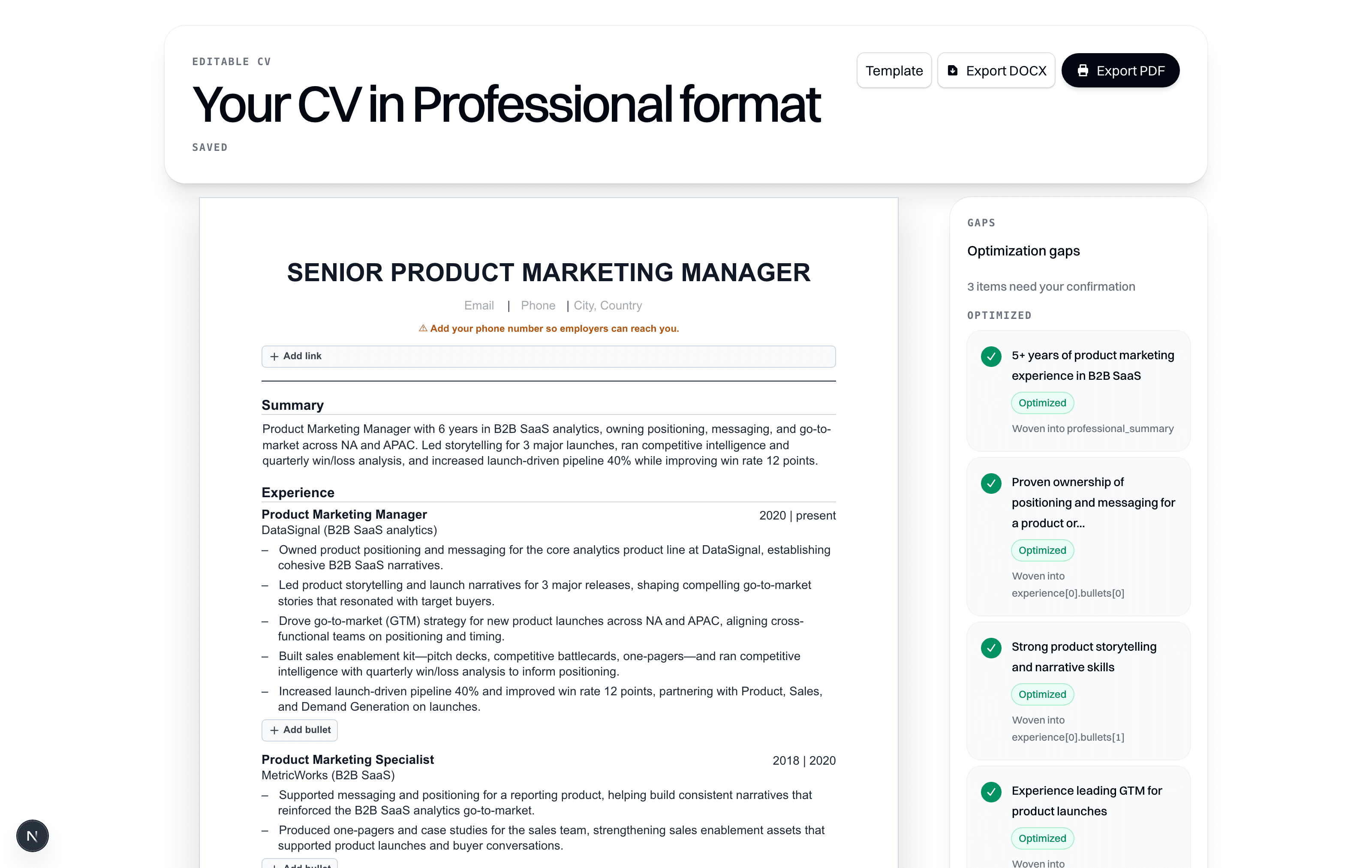 The Role-Ready CV editor with grounded rewrites and items flagged for confirmation.
